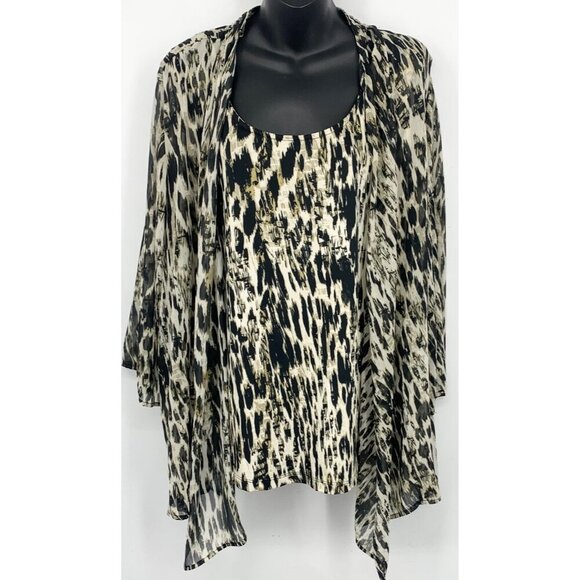 JM Collection Women Blouse Top 2 Fer Shawl Brown Black Plus Tunic 2X Animal New - Picture 1 of 7